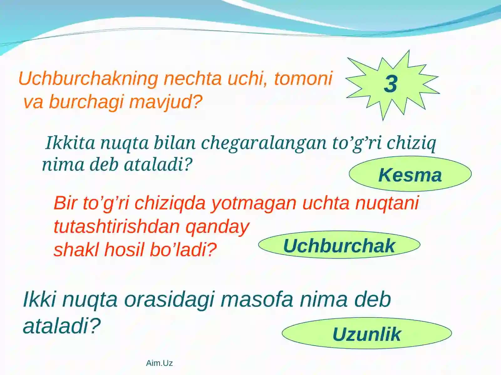 Uchburchakning nechta uchi, tomoniva burchagi mavjud? 4