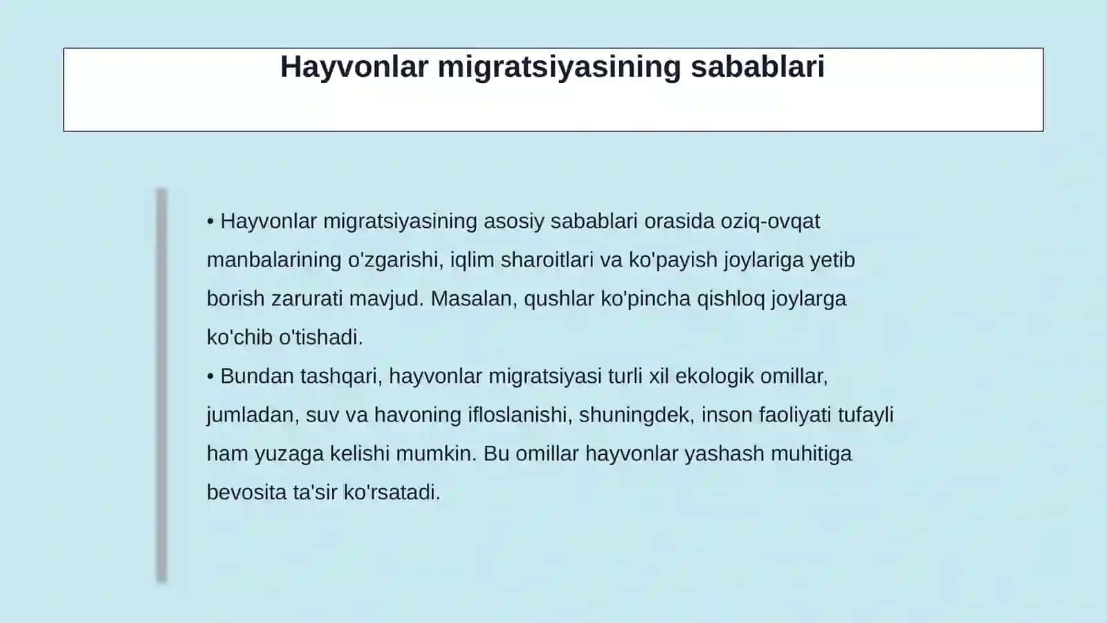 MIGRATSIYA YOLI BILAN HAYOT KECHIRUVCHI HAYVONLAR XILMA-XILLIGINI ANIQLASH 4