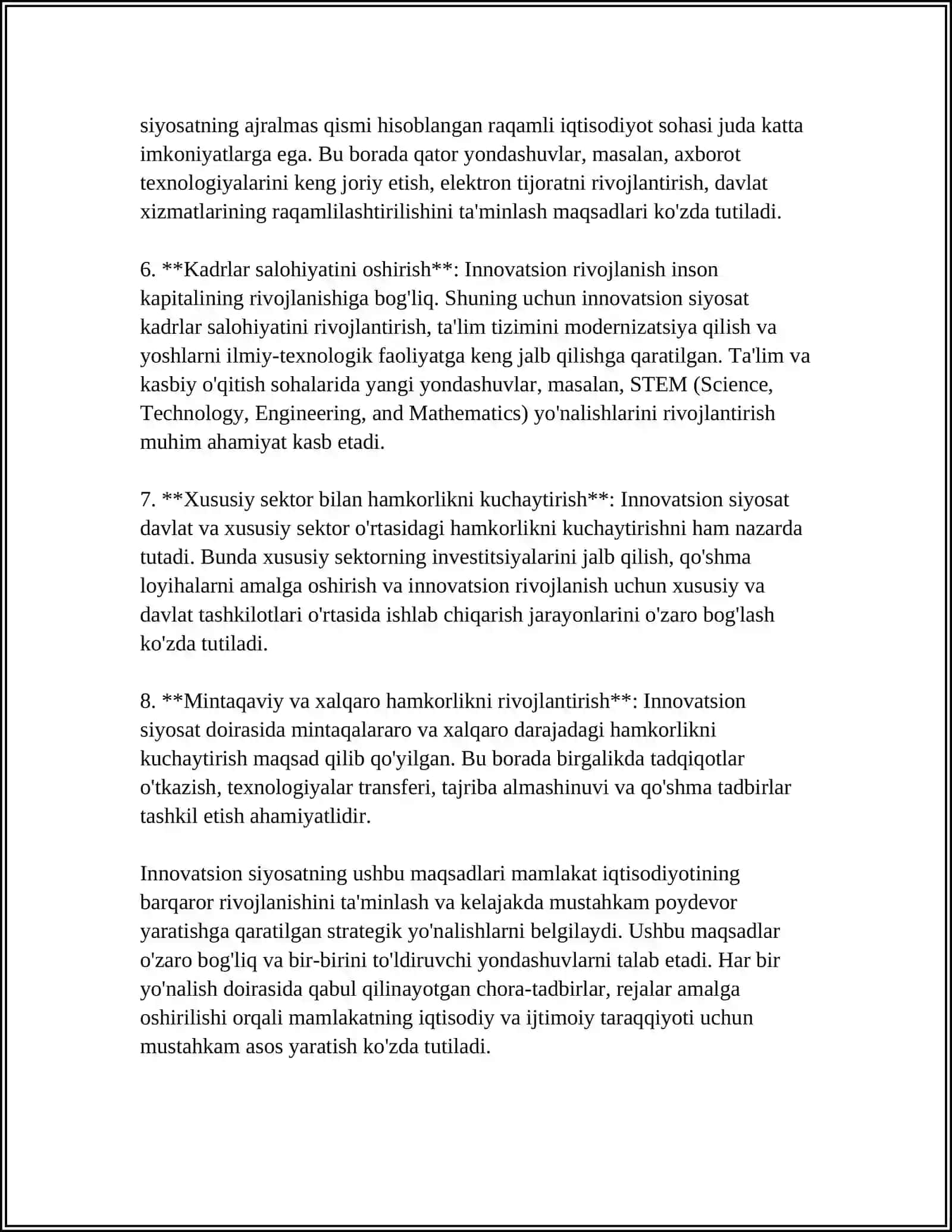 O‘ZBEKISTONDA DAVLAT INNOVATSION SIYOSATINI AMALGA OSHIRISHNING MAQSAD VA YO‘NALISHLARI 4