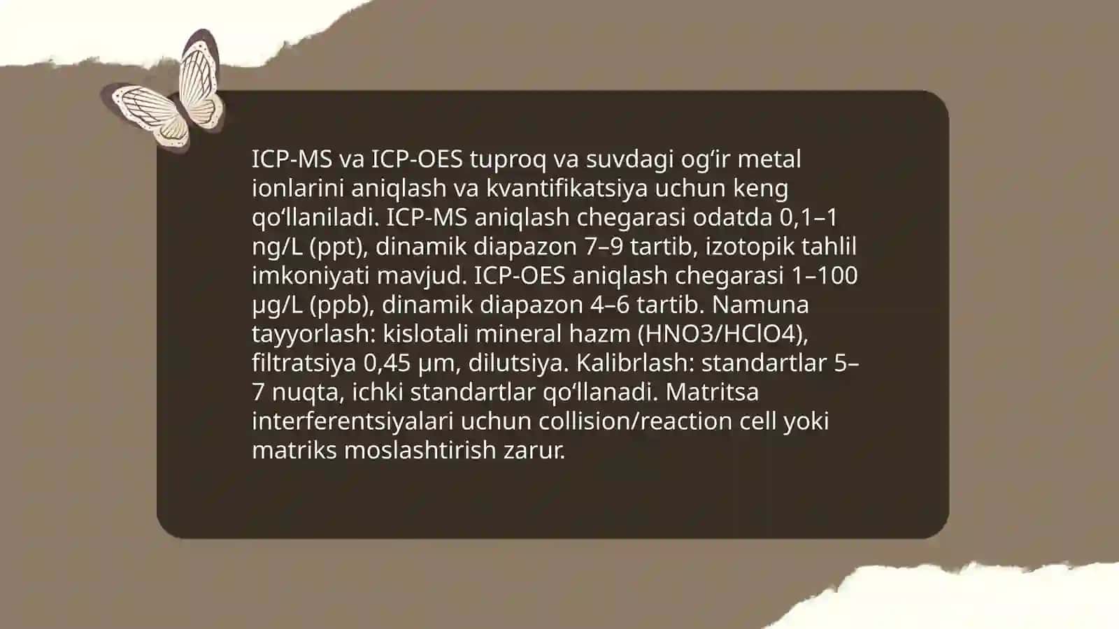 Tuproq va suvning ifloslanishida ion bogʻlanishi birikmalarini aniqlash usullari 4