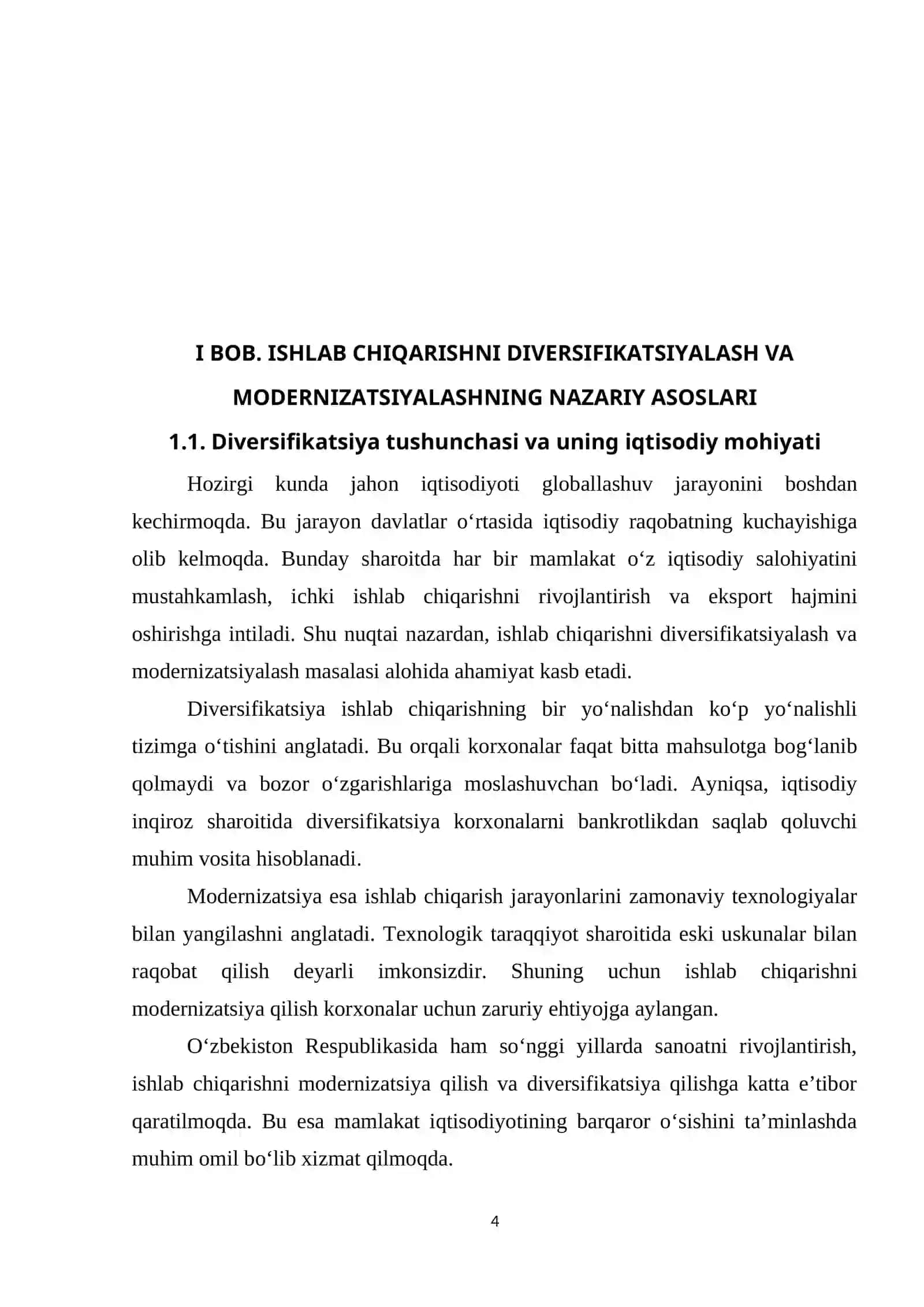 BOB. ISHLAB CHIQARISHNI DIVERSIFIKATSIYALASH VA MODERNIZATSIYALASHNING NAZARIY ASOSLARI 4