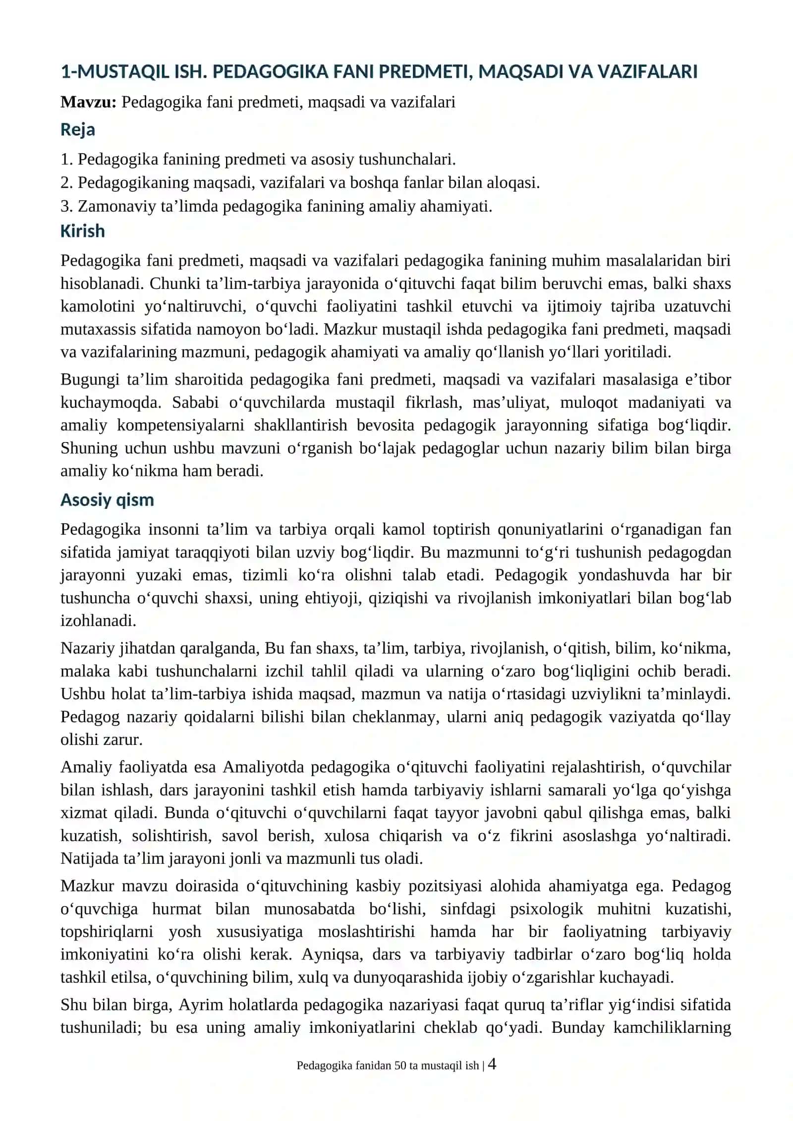PEDAGOGIKA FANIDAN 50 TA TAYYOR MUSTAQIL ISH MAVZUSI VA MATNI 4