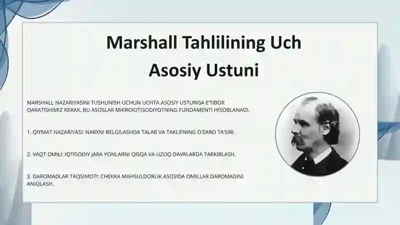 A.Marshallning narxlar va daromadlar nazariyasi,neoklassik mikroiqtisodiyotning asosi, qisqa va uzoq davrlar,narxlar va ularni shakllantirish omillari to’g’risidagi ta’limot 4