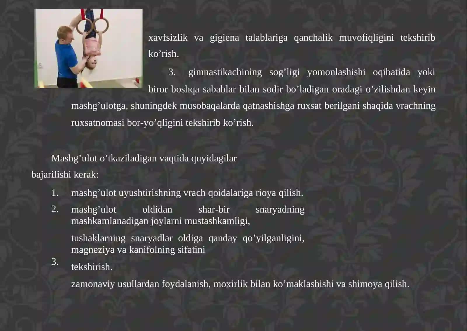 Gimnastikamashg’ulotlarida shikaslanishni oldiniolish va xavfsizlik qoidalari 4