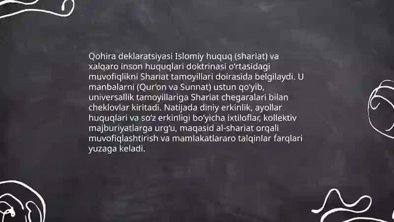 Qohira deklaratsiyasi tarixi va mazmuni borasida tahliliy taqdimot tayyorlash 4