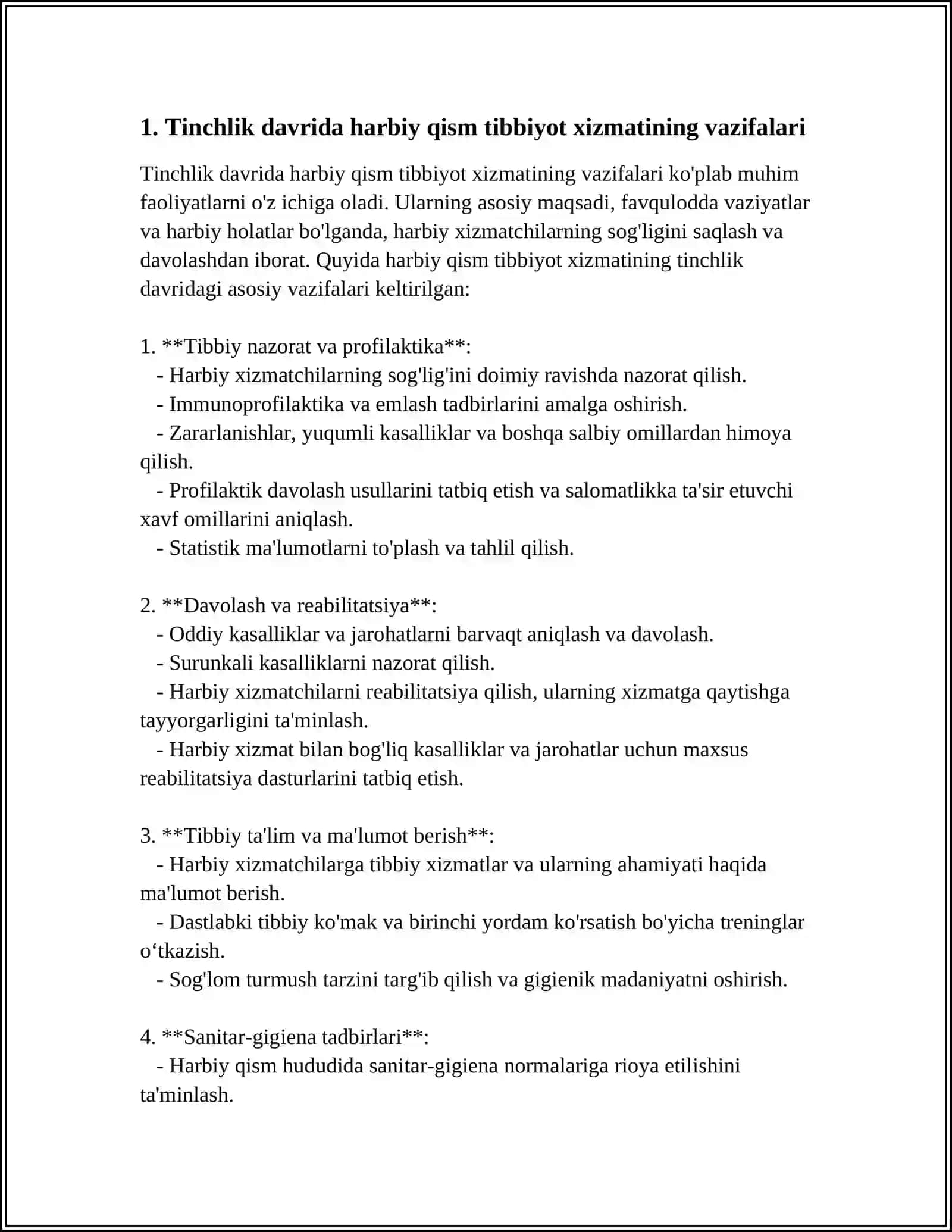 TINCHLIK DAVRIDA HARBIY QISM TIBBIYOT XIZMATINING BOSHQA XIZMAT TURLARI VA SOGʻLIQNI SAQLASH VAZIRINING MAHALLIY DAVOLASH-PROFILAKTIKA MUASSASALARI BILAN HAMKORLIGI 4