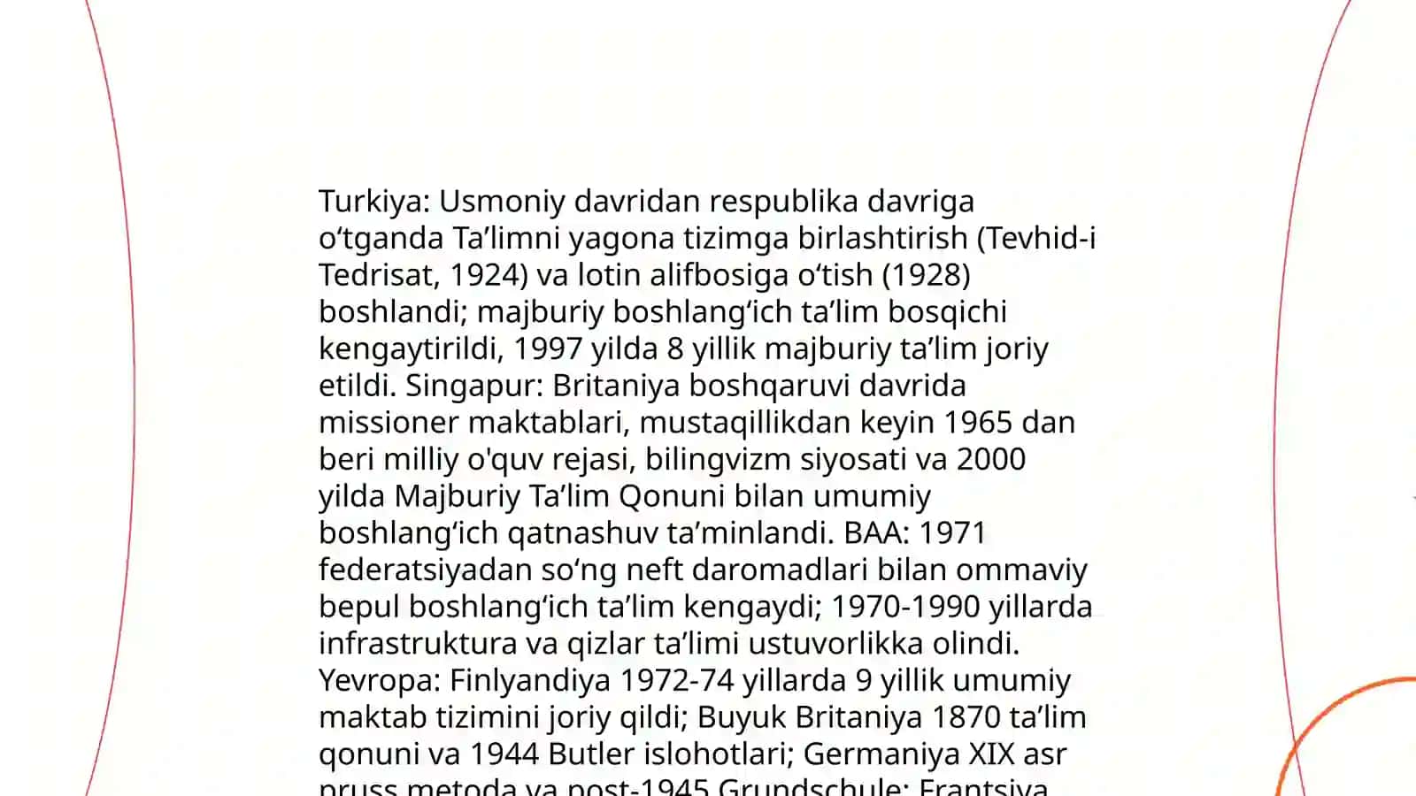 TURKIYA SINGAPUR BAA DAVLATLARI BOSHLANG'ICH TA'LIM TIZIMINING O'ZIGA XOS XUSUSIYATLARI YEVROPA MAMLAKATLARIDA TA'LIM TARBIYA MASALALARINING OLIB BORISHI VA QIYOSIY TAHLILI 4