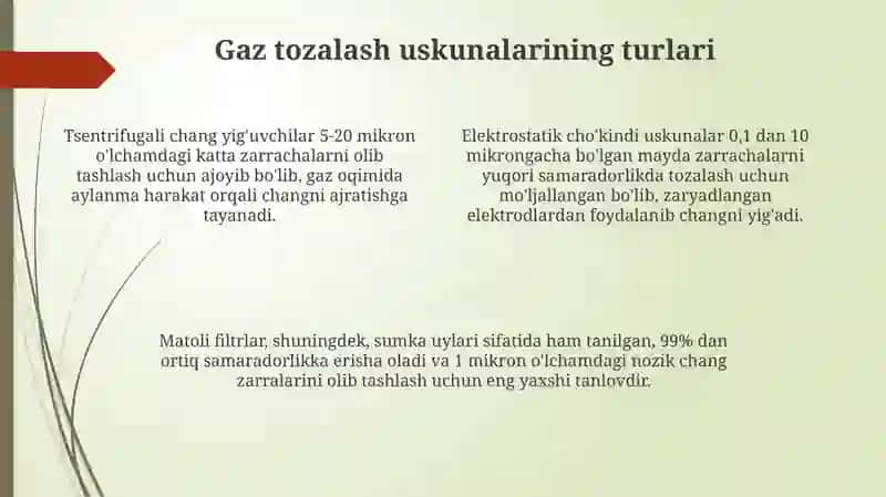 Gaz tozalovchi apparatlarning chang ushlab qolish samaradorligi 4