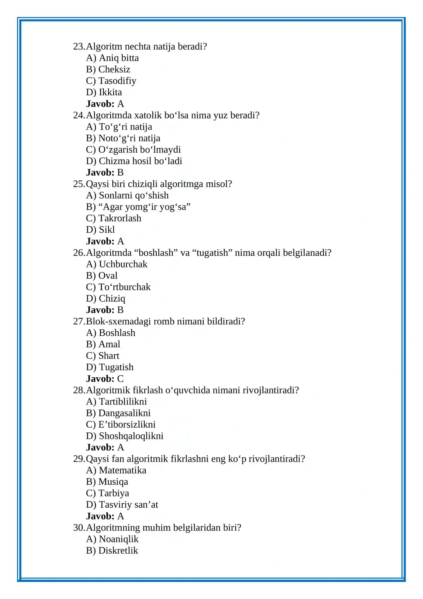 Matematika darslarida algoritmik fikrlashni shakllantirish mavzusiga 50 ta test 4