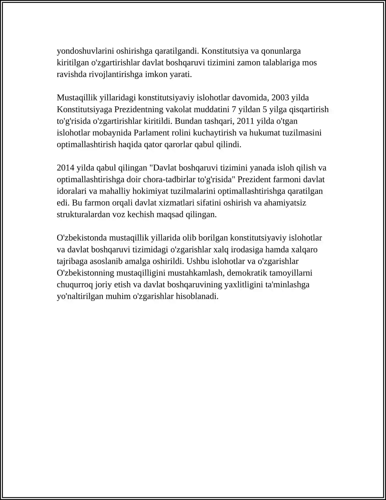 MUSTAQILLIK YILLARIDA DAVLAT BOSHQARUVI TIZIMIDA AMALGA OSHIRILGAN ISLOHOTLAR 4