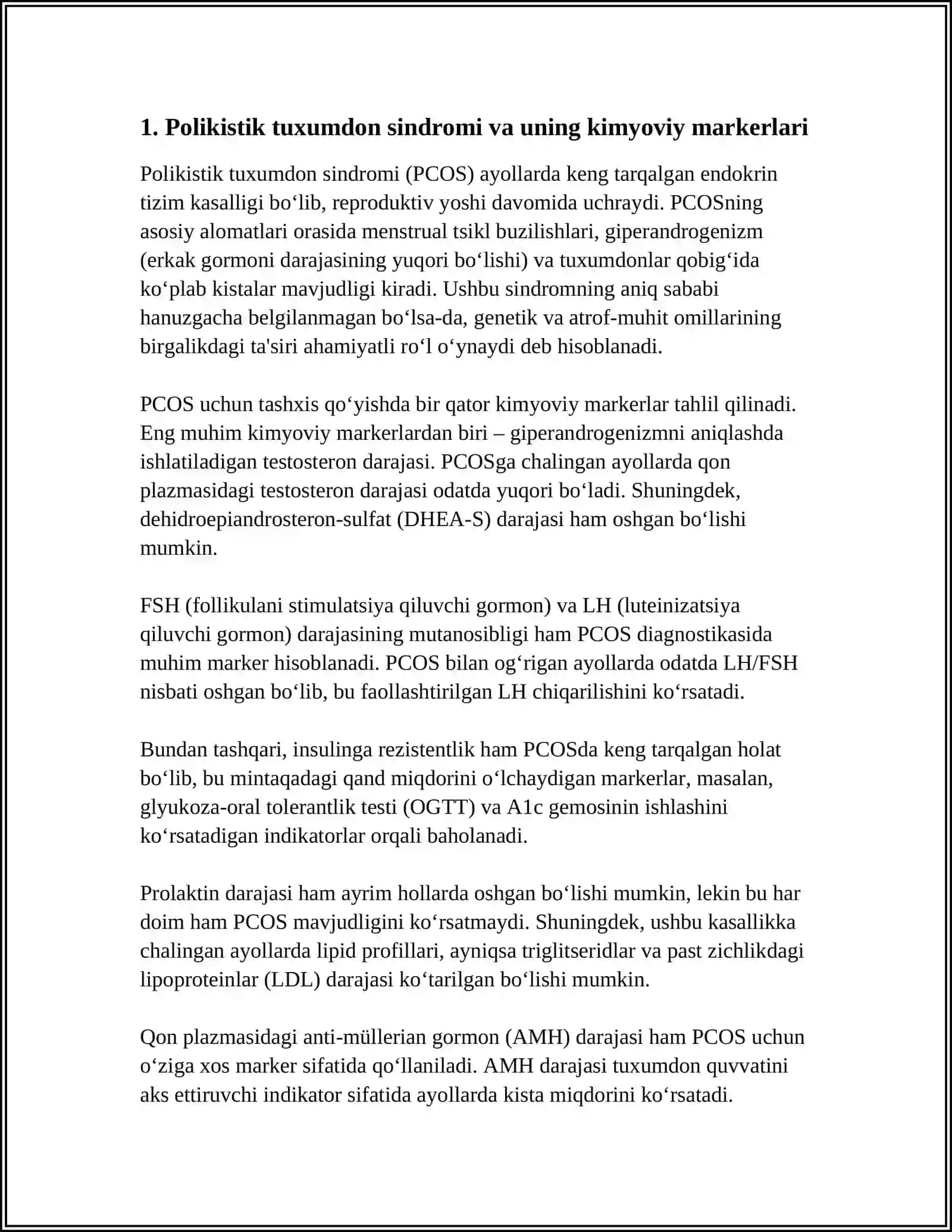 GINEKOLOGIK KASALIKLAR (MASALAN POLIKISTIT TUXUMDON SINDROMI) VA ULARNING KIMYOVIY MARKERLARI 4