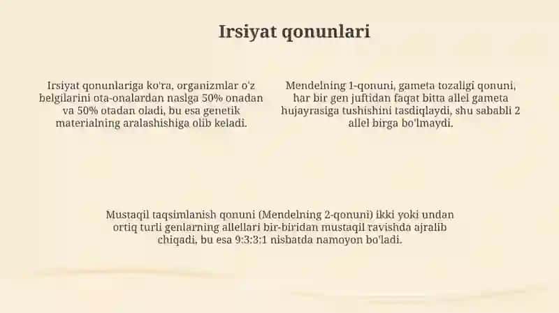 Nasliy belgilarning irsiylanish qonuniyatlari.Irsiyat 4