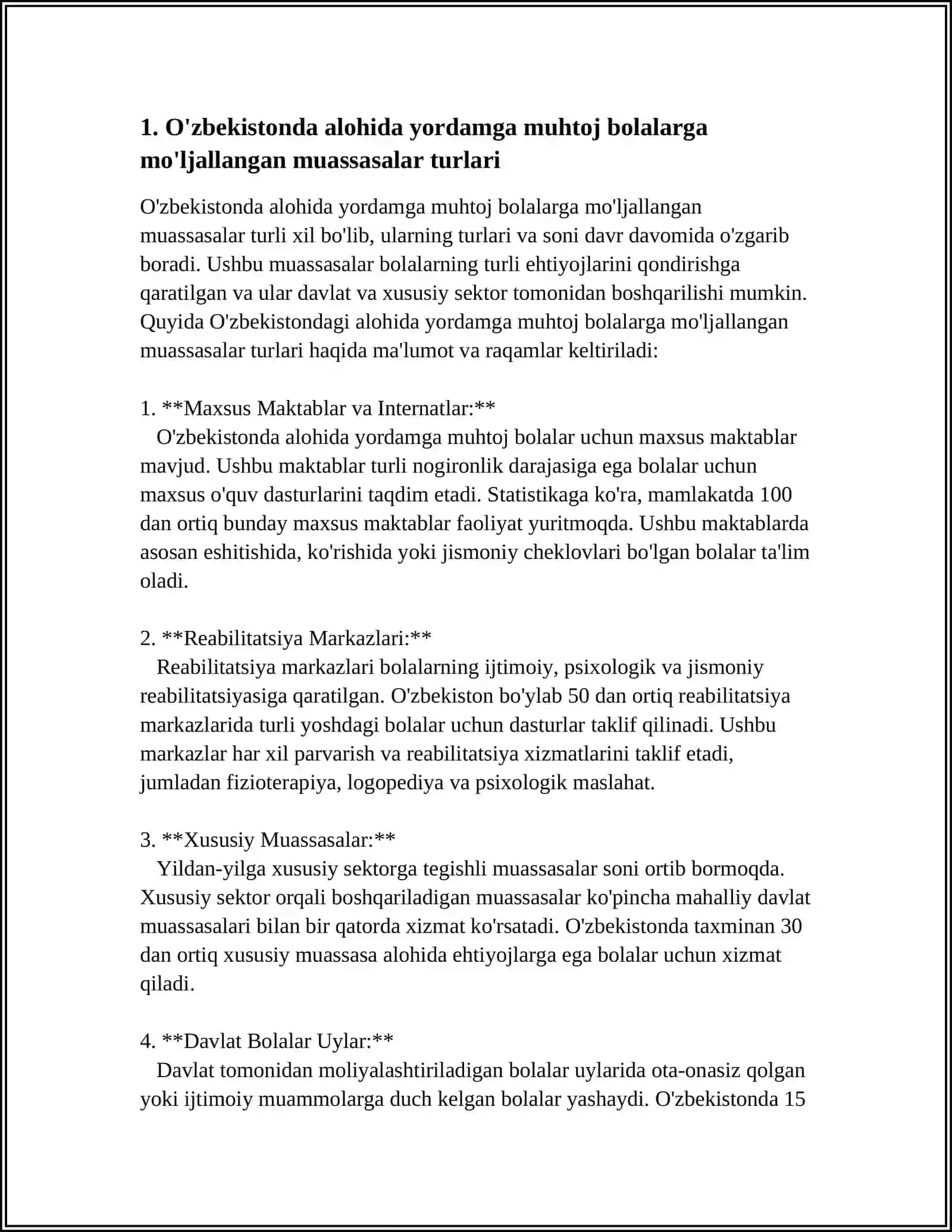 ÒZBEKISTONDA ALOHIDA YORDAMGA MUHTOJ BOLALAR UCHUN TASHKIL ETILGAN MUASSASALAR VA ULARNING FAOLIYATI 4