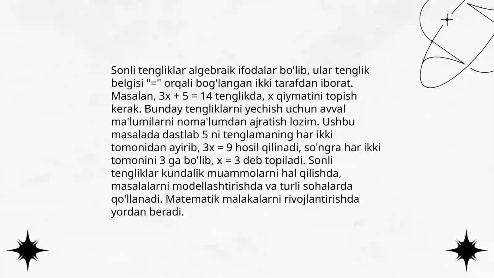 Tenglik va tengsizlik Sonli tenglik, tengsizlik va uni yechishga o'rgatish metodikasi 4