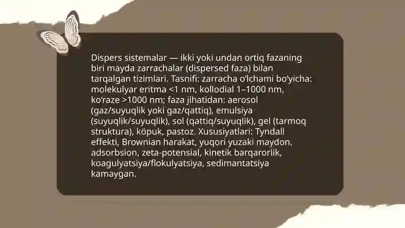 Kolloid kimyo.Dispers sistemalar.Kolloid eritmalarni olinishi va tozalash usullari 4