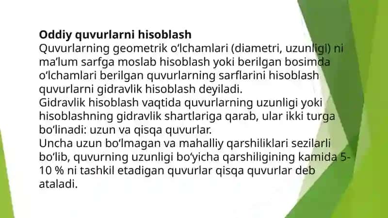 Oddiy va Murakkab Quvurlarni Gidravlik Hisoblash 4