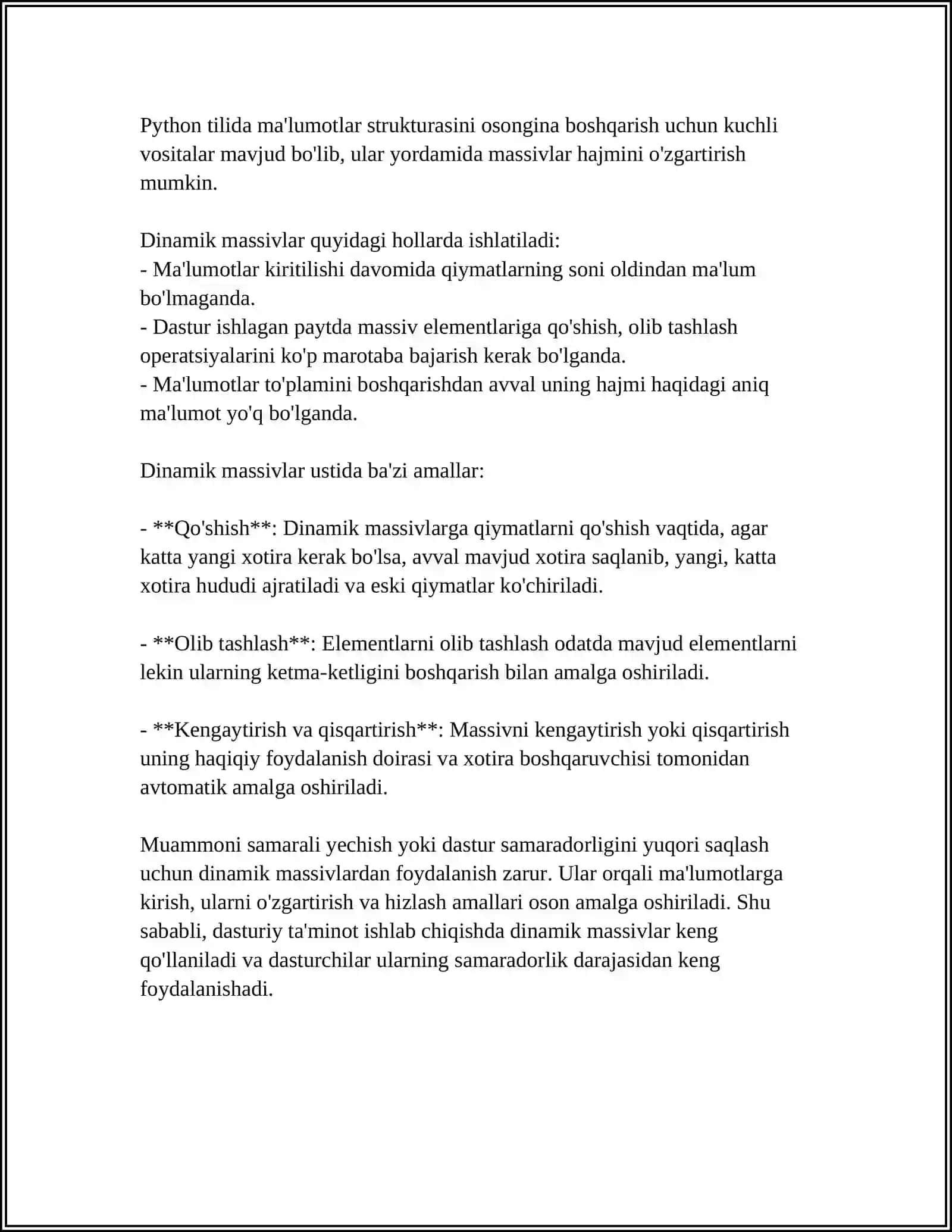 DINAMIK MASSIVLAR.BIR O'LCHAMLI VA KO'P O'LCHAMLI MASSIVLAR 4