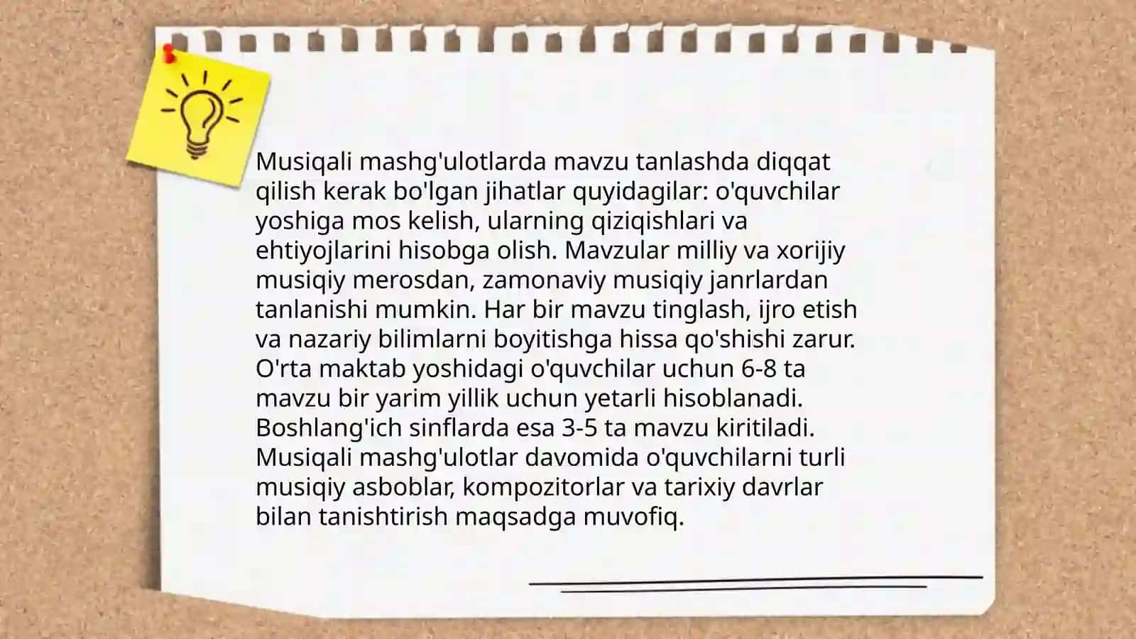 Musiqa mashg'ulotlar rejasida bayram tadbirlari stsenariyning ishlab chiqish va o'tkazishga qo'yilgan talablar 4