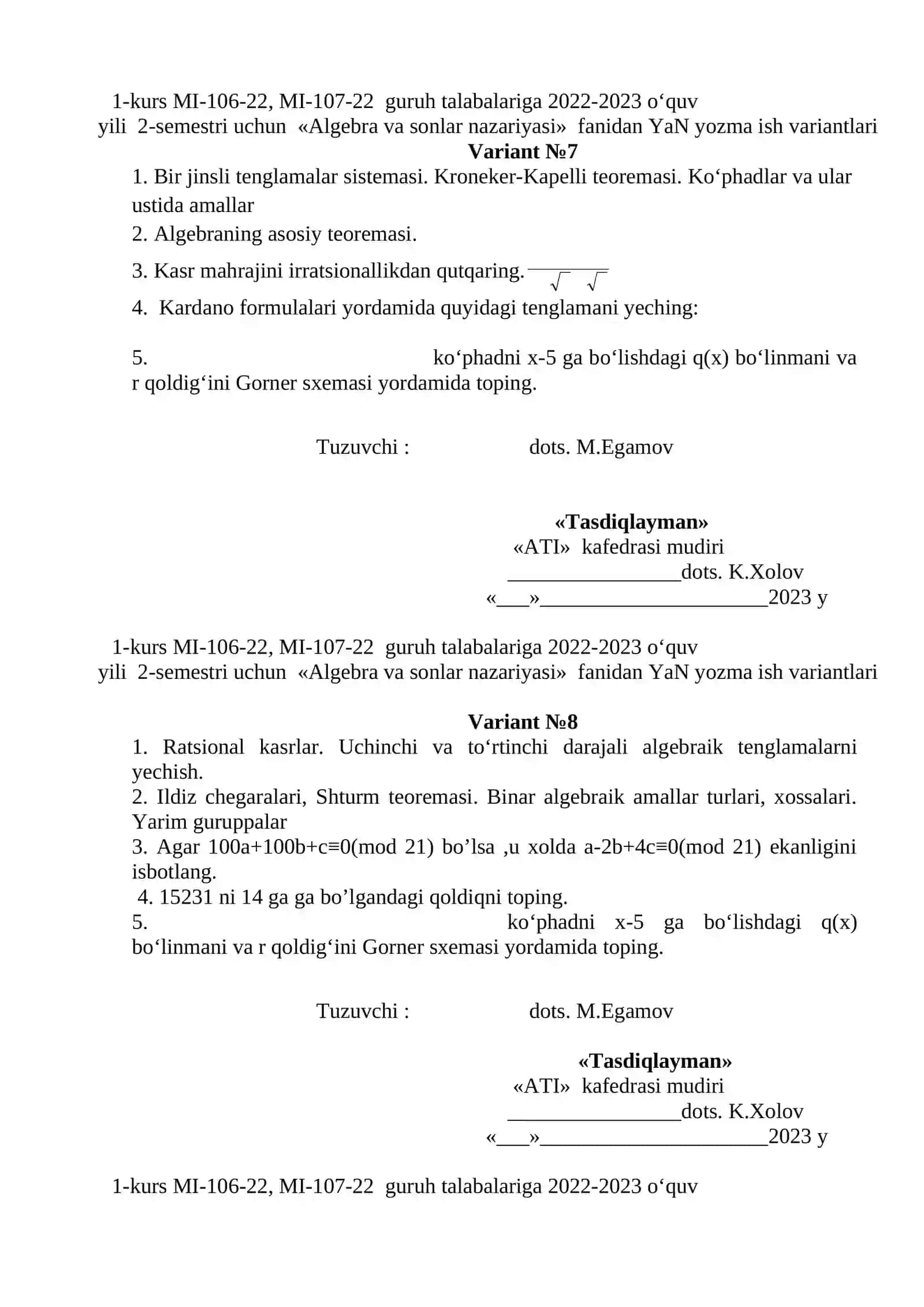 YaN yozma ish variantlari 4
