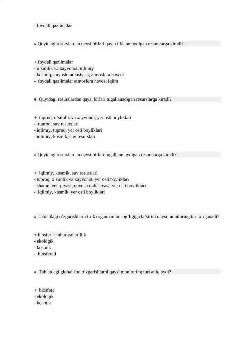 EKOLOGIYA» FANIDAN TEST SAVOLLARI 4