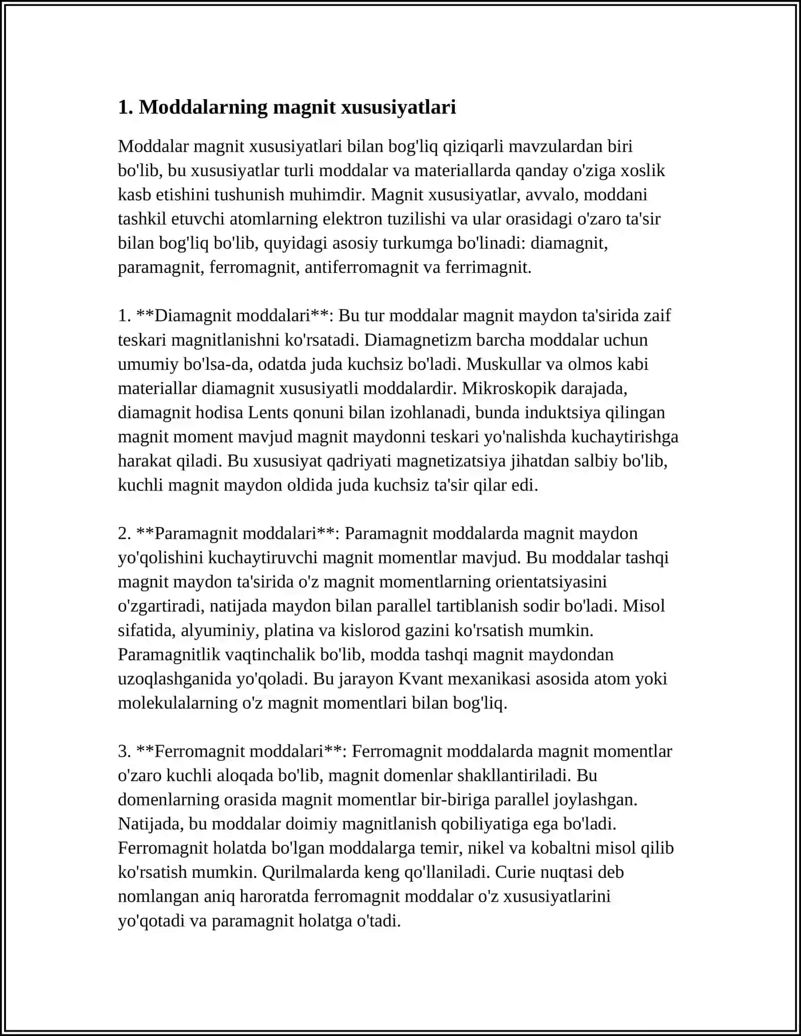 MODDALARNING MAGNIT XUSUSIYATLARI. MAGNETIKLAR. MOLEKULYAR TOKLAR. O‘ZINDUKTSIYA VA O‘ZAROINDKUTSIYA XODISALARI. O‘ZINDUKTSIYA VA O‘ZAROINDKUTSIYA KOEFFITSIYENTLARI. KVAZISTATSIONAR MAGNIT MAYDONI. O‘ZGARUVCHAN TOKLAR. ELEKTROMAGNIT TO‘LQINLARINI NURLANISHI. NURLANISHNING DIPOL NAZARIYASI 4