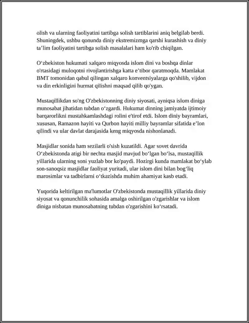 ÒZBEKISTON MUSTAQILLIGI YILLARIDA ISLOM DINIGA MUNOSABATNING TUBDAN ÒZGARISHI 4