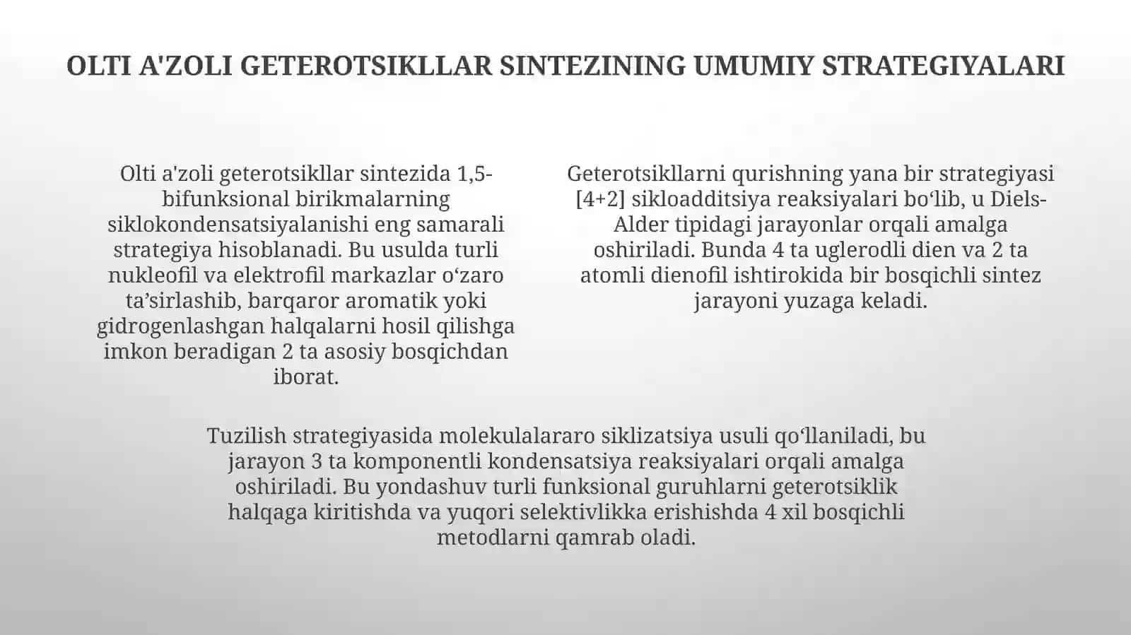 Geterotsiklik birikmalar tarkibida ugleroddan tashqari kamida bitta azot, kislorod yoki oltingugurt kabi geteroatom saqlovchi siklik tizimlardir 4