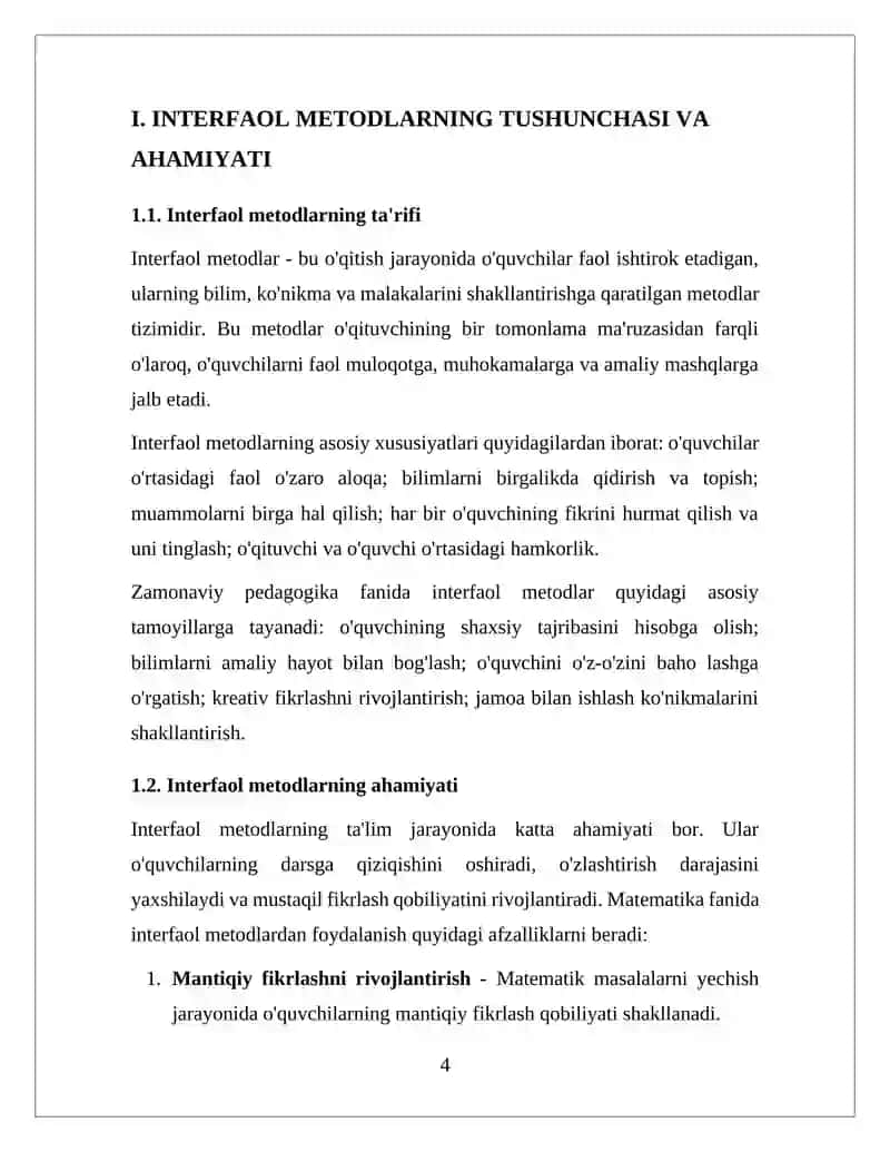 MATEMATIKA FANINI O'QITISHDA
FOYDALANILADIGAN INTERFAOL
METODLAR TASNIFI 4