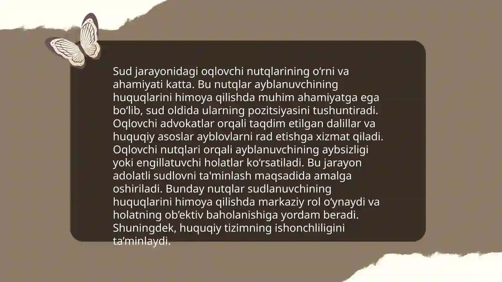 Oqlovchi (advokat) nutqi jamoatchi - Oqlovchi nutqi va o'z o'zini himoya qilish nutqlari tahlili 4