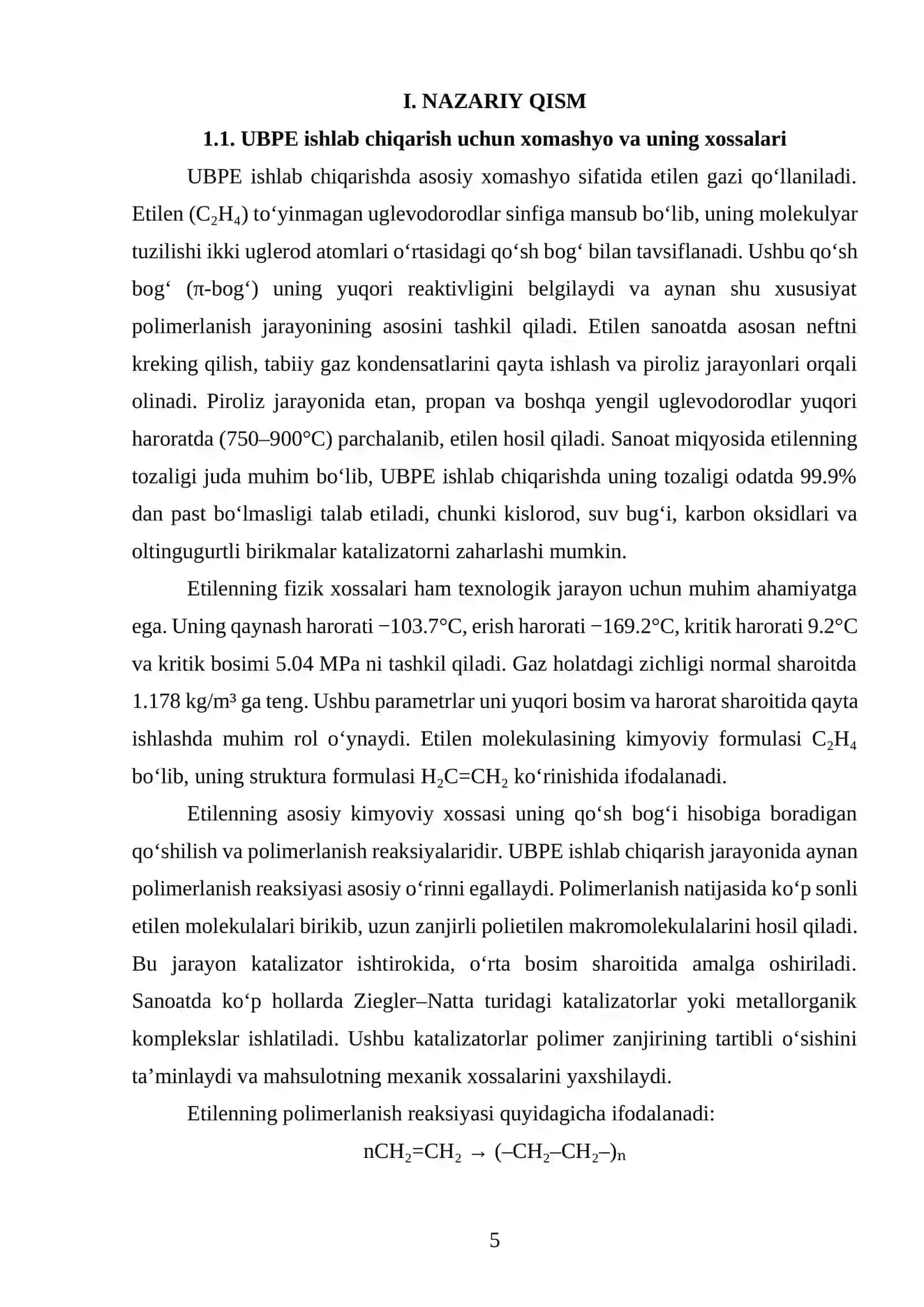 O‘rta bosimda polietilen ishlab chiqarish texnologik liniyasini loyihalash. Q=1400 t/yil. 4