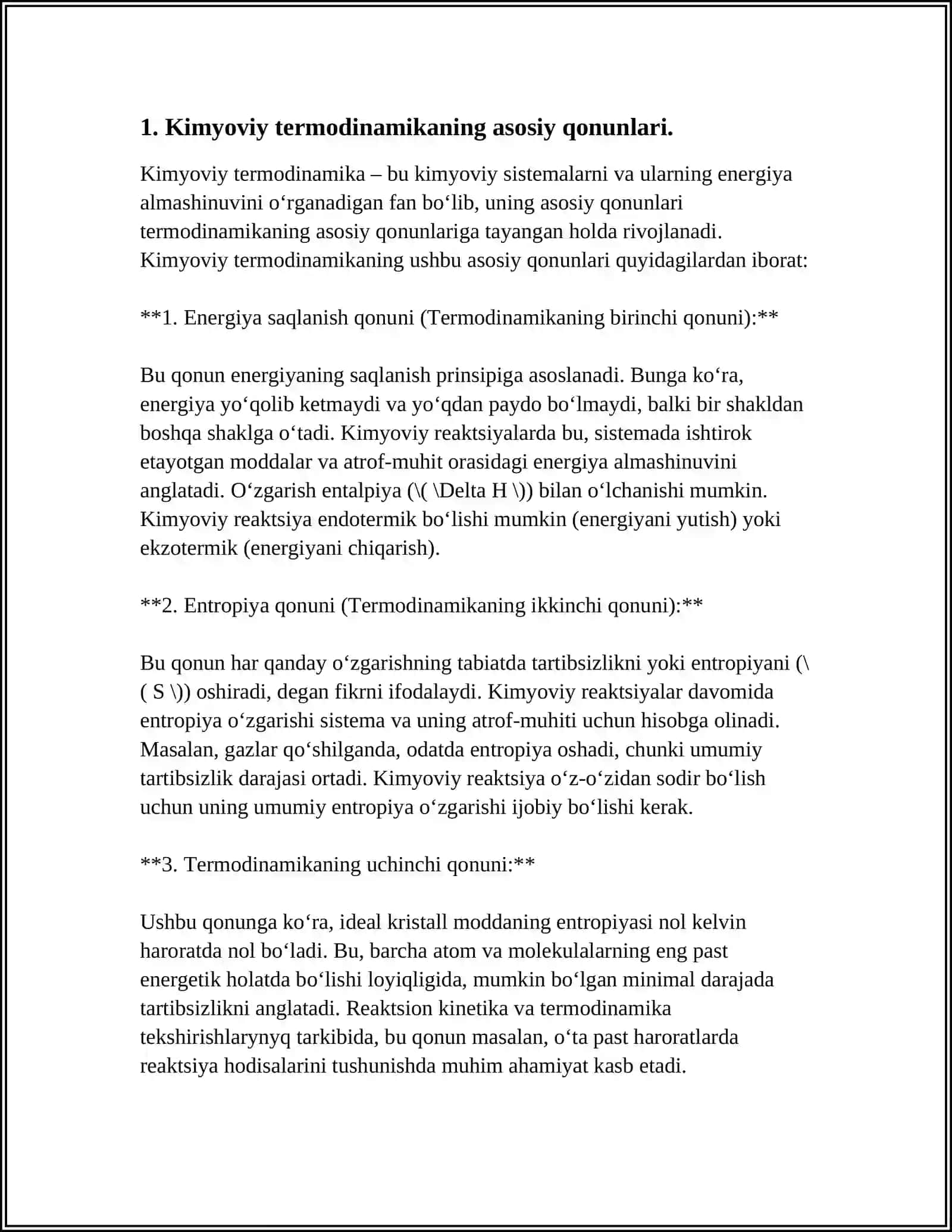 KIMYOVIY TERMODINAMIKA.ENERGIYA.OZIQ-OVQAT ENERGIYASI.ENERGIYA TURLARI.METOBOLIZM VA ENERGIYA O'RTASIDA O'ZARO BOG'LIQLIK 4