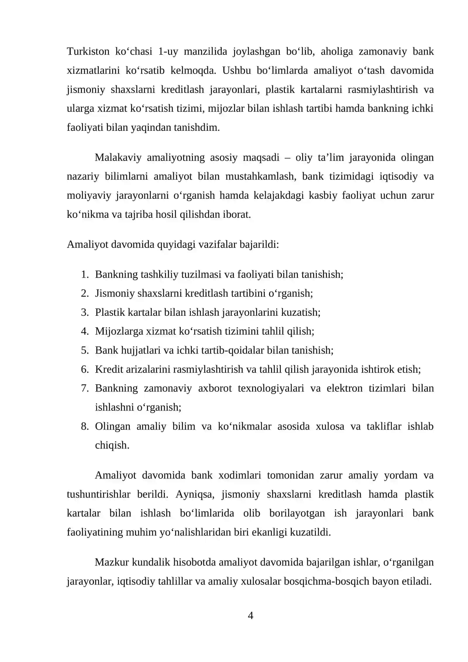Aloqa bank(Jismoniy shaxslarni kreditlash boʻlimi) Amaliyot hisoboti. 4