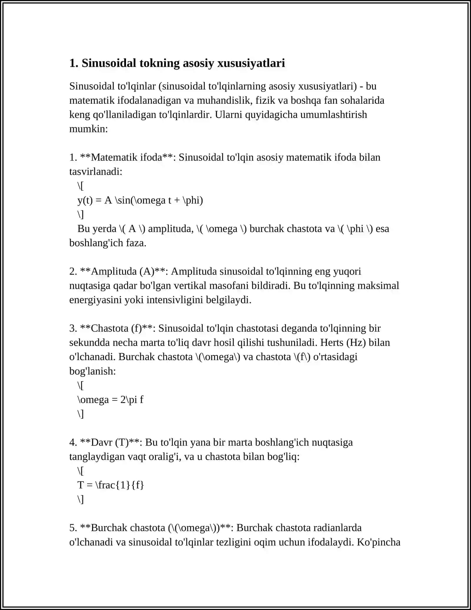 SINUSOIDAL TOK, UNI XARAKTERLOVCHI ASOSIY KATTALIKLAR 4