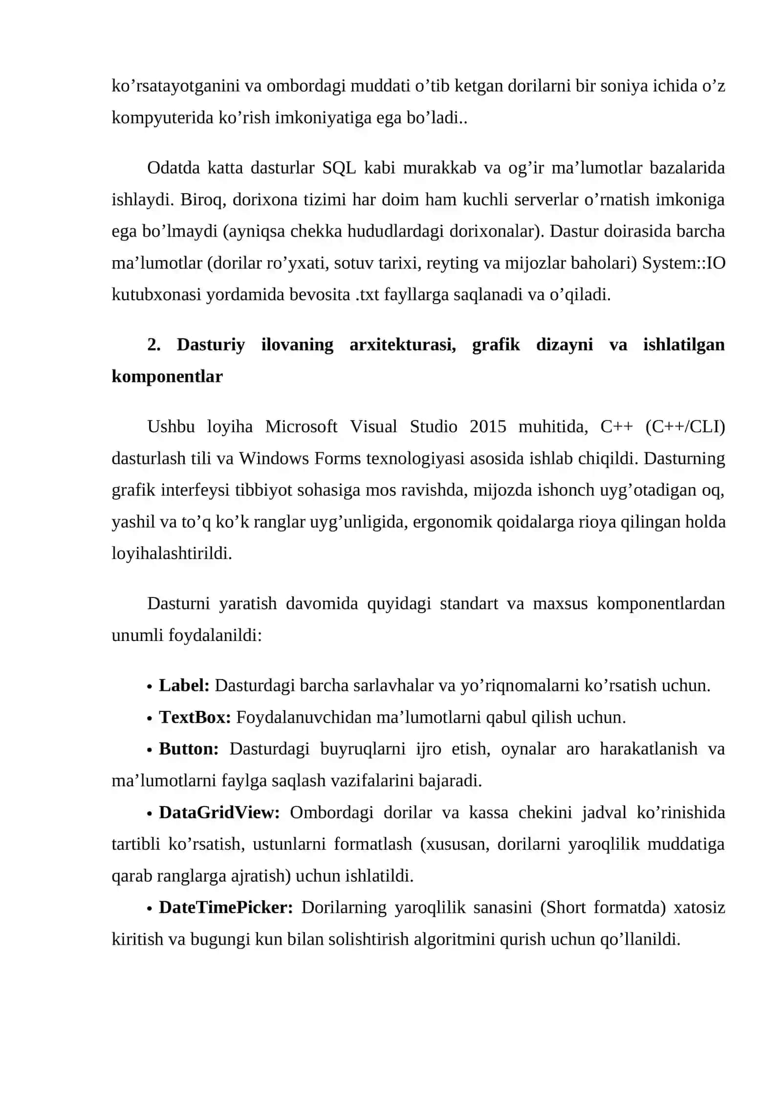 Visual Studio muhitida c++ dasturash tili va windows forms texnologiyasi orqali "Dorixona faoliyati uchun dastur ilovasini yaratish"" 4