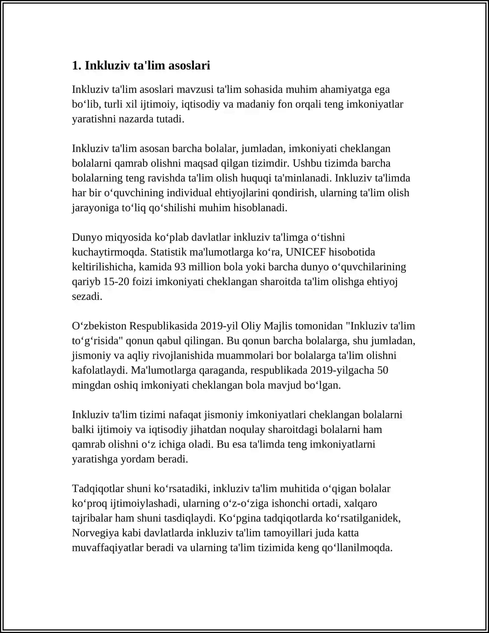 MUSTAQIL ISH Mavzu: IMKONIYATI CHEKLANGAN BOLALARNI INKLYUZIV TA‘LIM TARBIYALASH KONSEPSIYASI 4