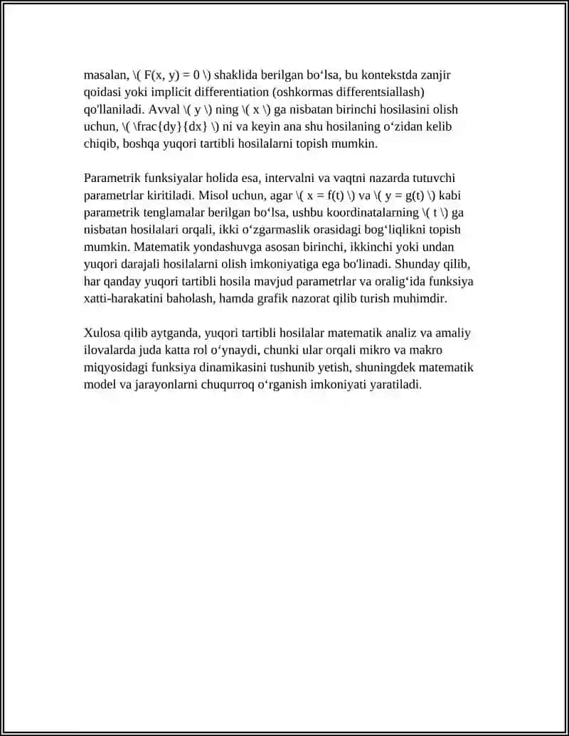 YUQORI TARTIBLI HOSILALAR. OSHKORMAS VA PARAMETRIK KO'RINISHDA BERILGAN FUNKSIYALARNING YUQORI TARTIBLI HOSILALARI 4