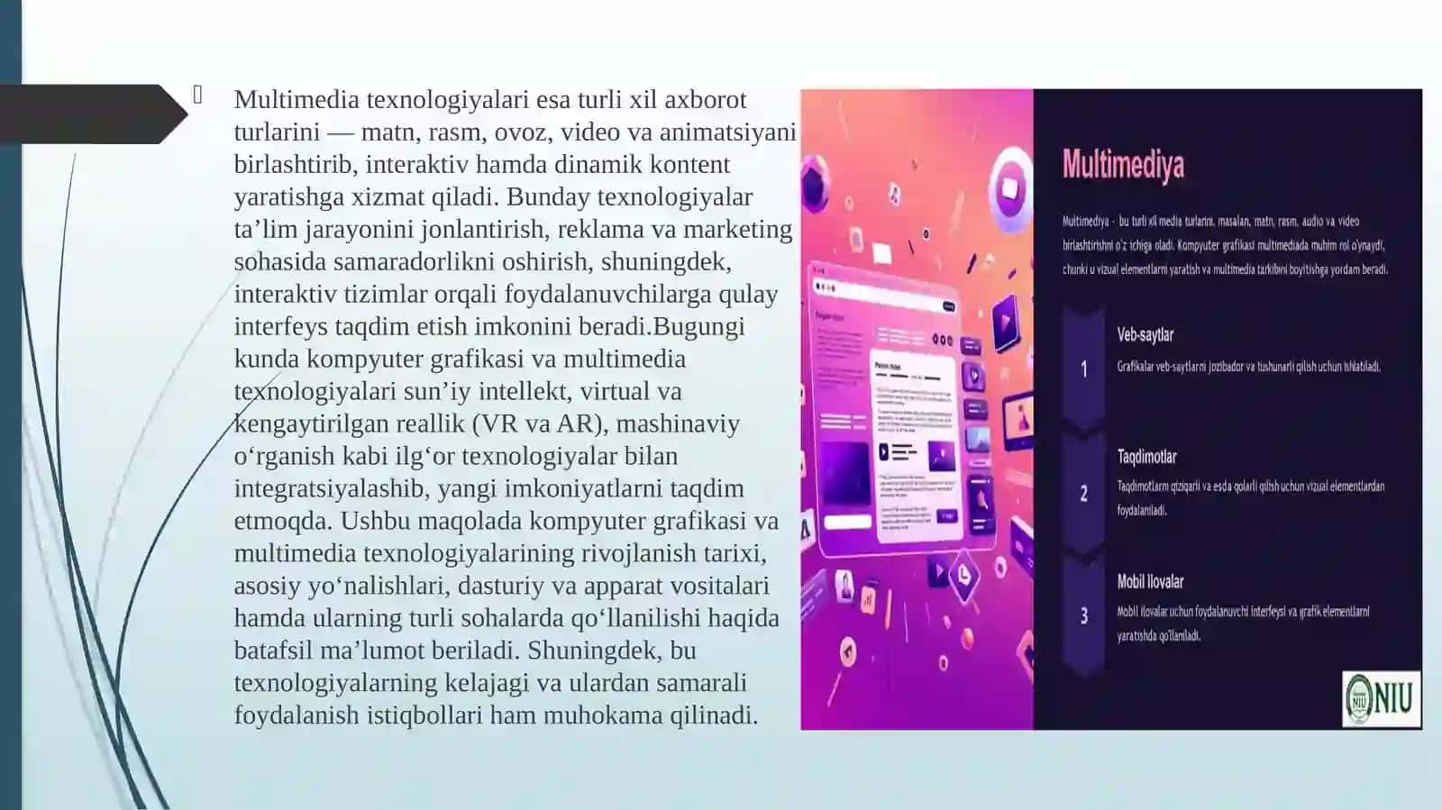KOMPYUTER GRAFIKASI VA MULTIMEDIALI TEXNALOGIYALAR INTEGRATSIYASI 4