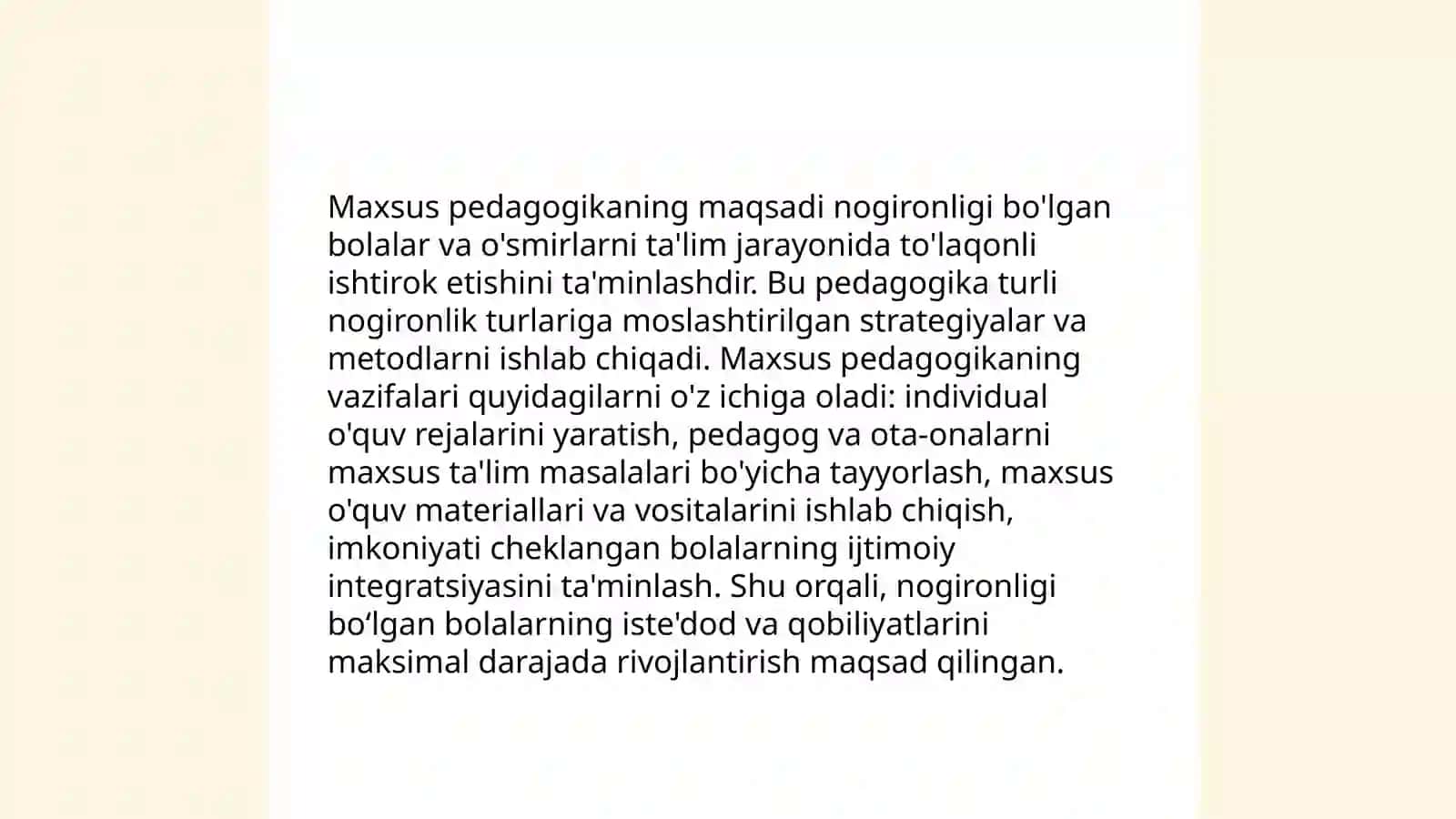 Maxsus pedagogika fanining predmeti,ob'yekti,boshqa fanlar bilan aloqasi fanining umumiy asoslari.Maxsus pedagogikaa fanining umumiy masalalari.Aqliy rivojlanishda nuqsoni bo'lgan bolalar 4