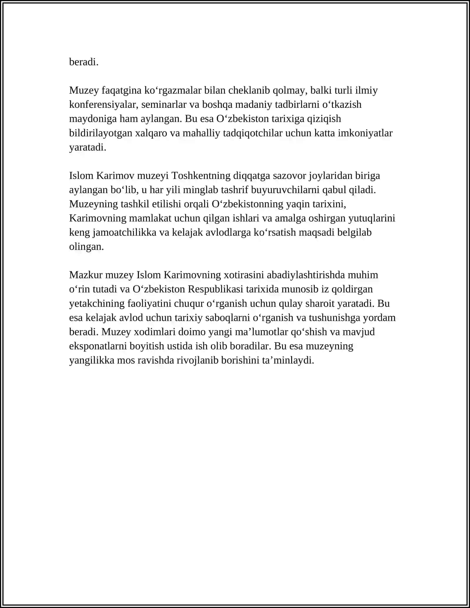 O'ZBEKISTONNING BIRINCHI PREZIDENTI I.A KARIMOV XOTIRASINI ABADIYLASHTIRISH BORASIDA AMALGA OSHIRILAYOTGAN ISHLAR 4