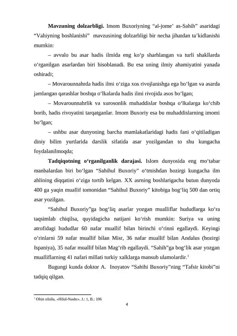 "AL-JOME AS-SAHIH" ASARINING "VAHIYNING BOSHLANISHI" BOBIDAGI HADISLAR 4