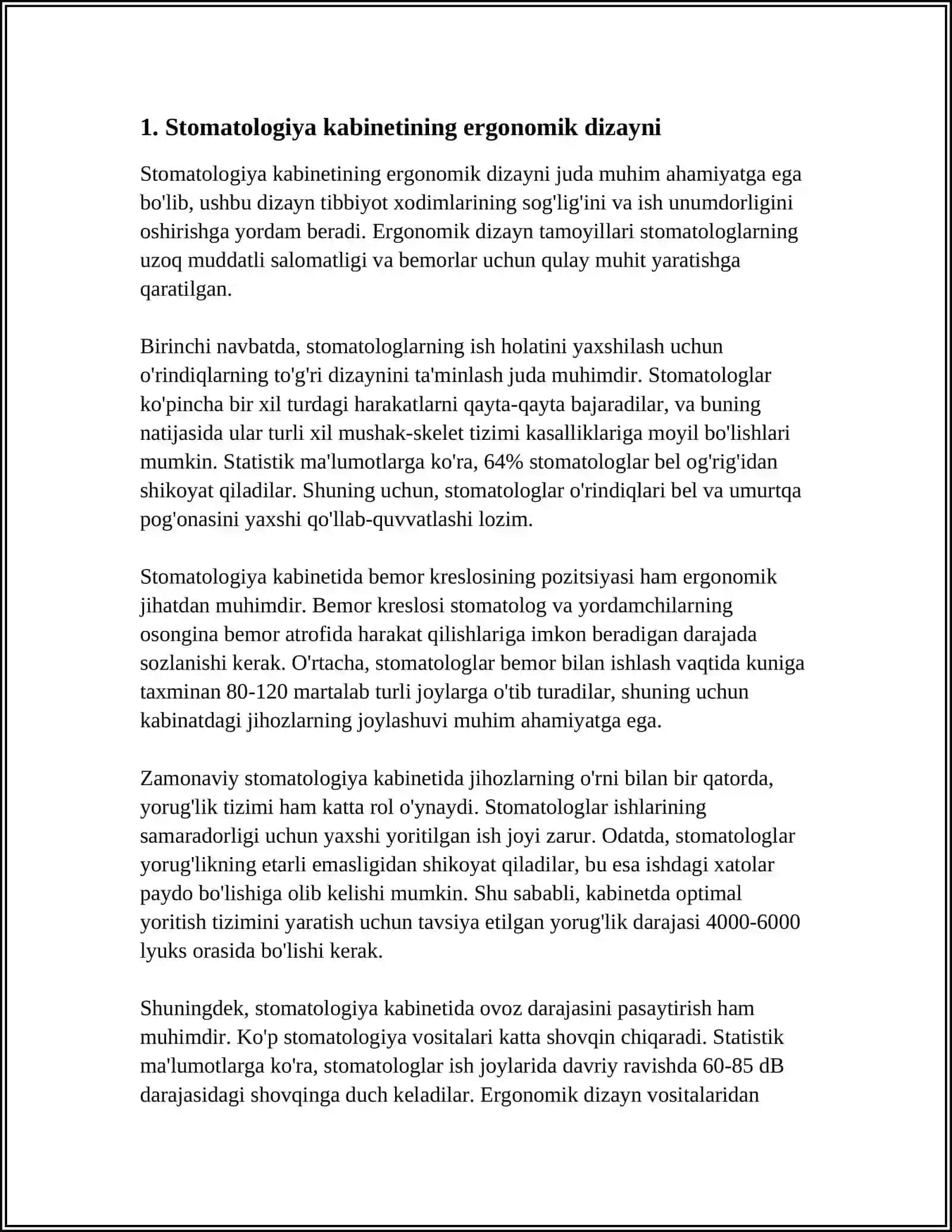 STOMATOLOG ISHINI TASHKIL ETISHNING ERGONOMIK ASOSLARI.STOMATOLOGIYA BÒLIMI ISHLASH JARAYONINI TASHKIL ETISH 4
