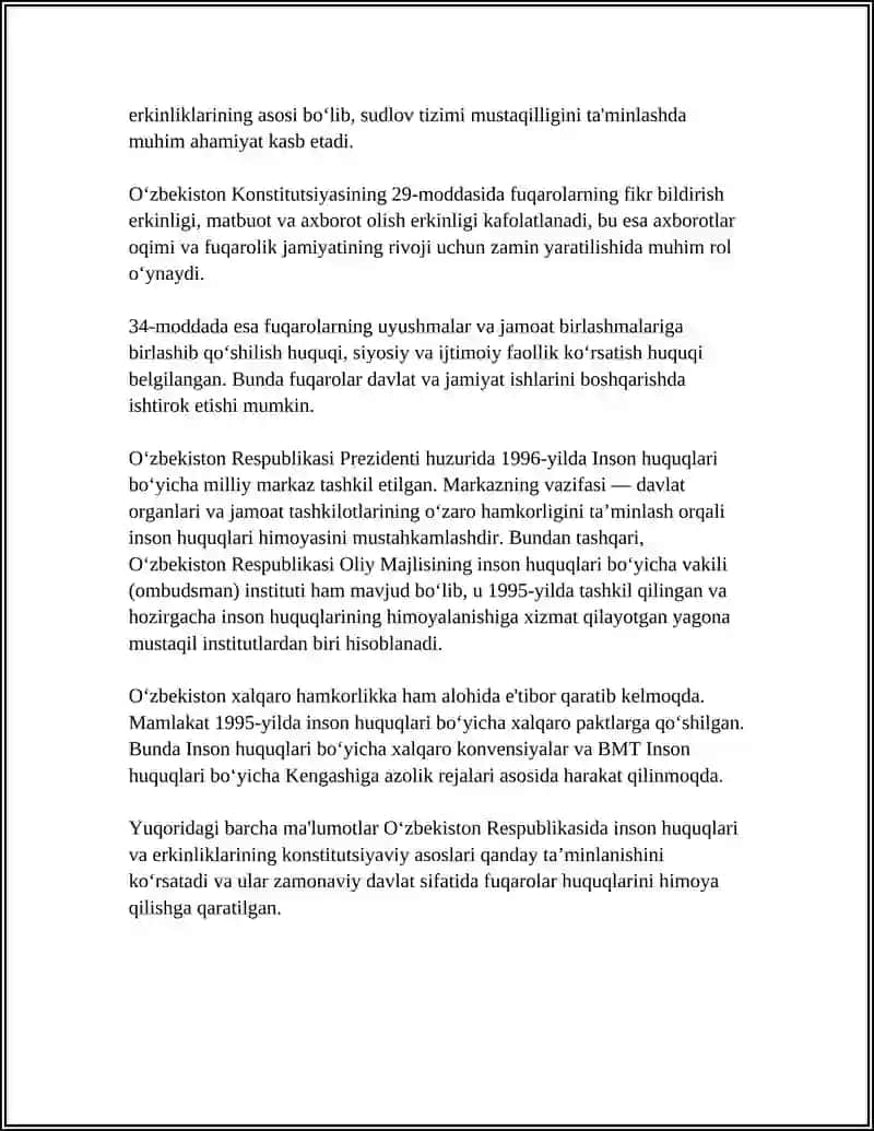 O'ZBRKISTONDA INSON XUQUQLARI VA ERKINLIKLALRINING YARATILISHI 4