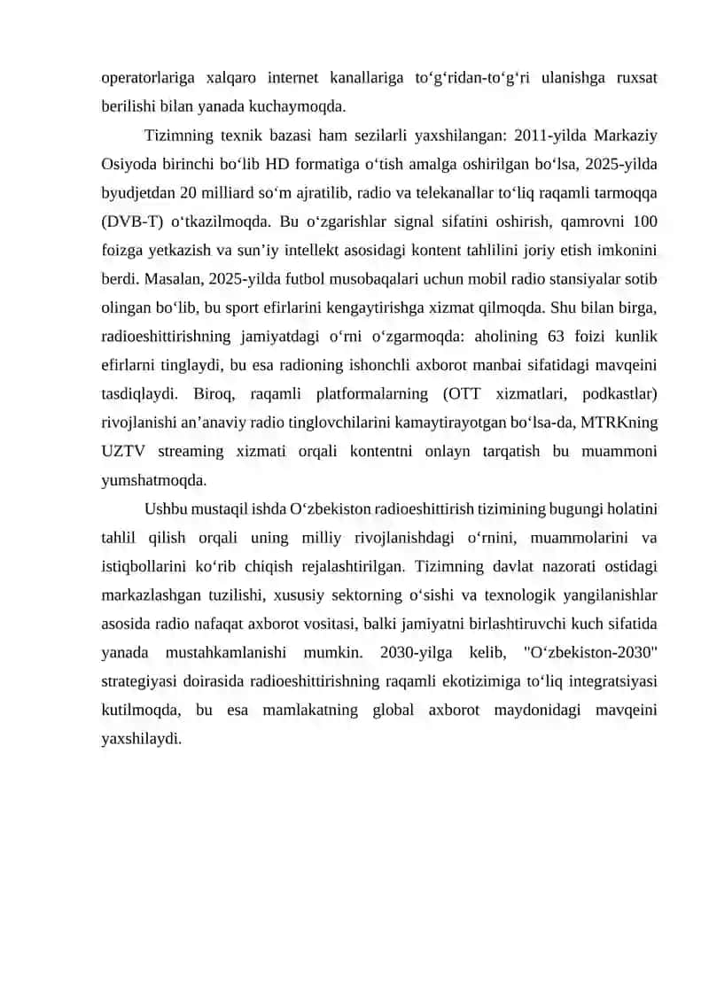 Oʼzbekiston respublikasida radioeshittirish tizimining bugungi kundagi holati 4