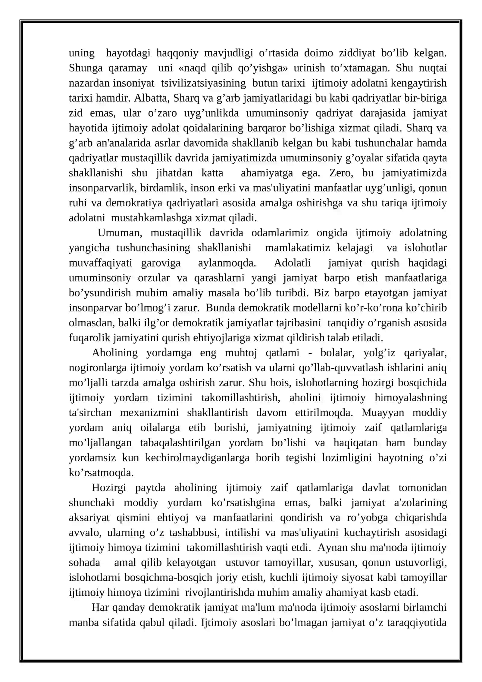 O'ZBEKISTONDA AMALGA OSHIRILAYOTGAN IJTIMOIY SIYOSATNING ASOSIY TA'MOYILLARI 4