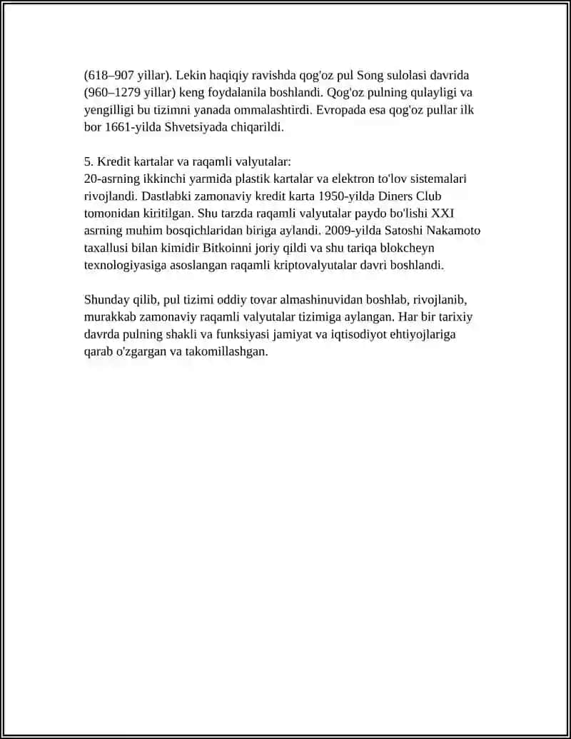 PULNING XUSUSIYATLARI VA TURLARI. PUL KREDIT TIZIMI 4