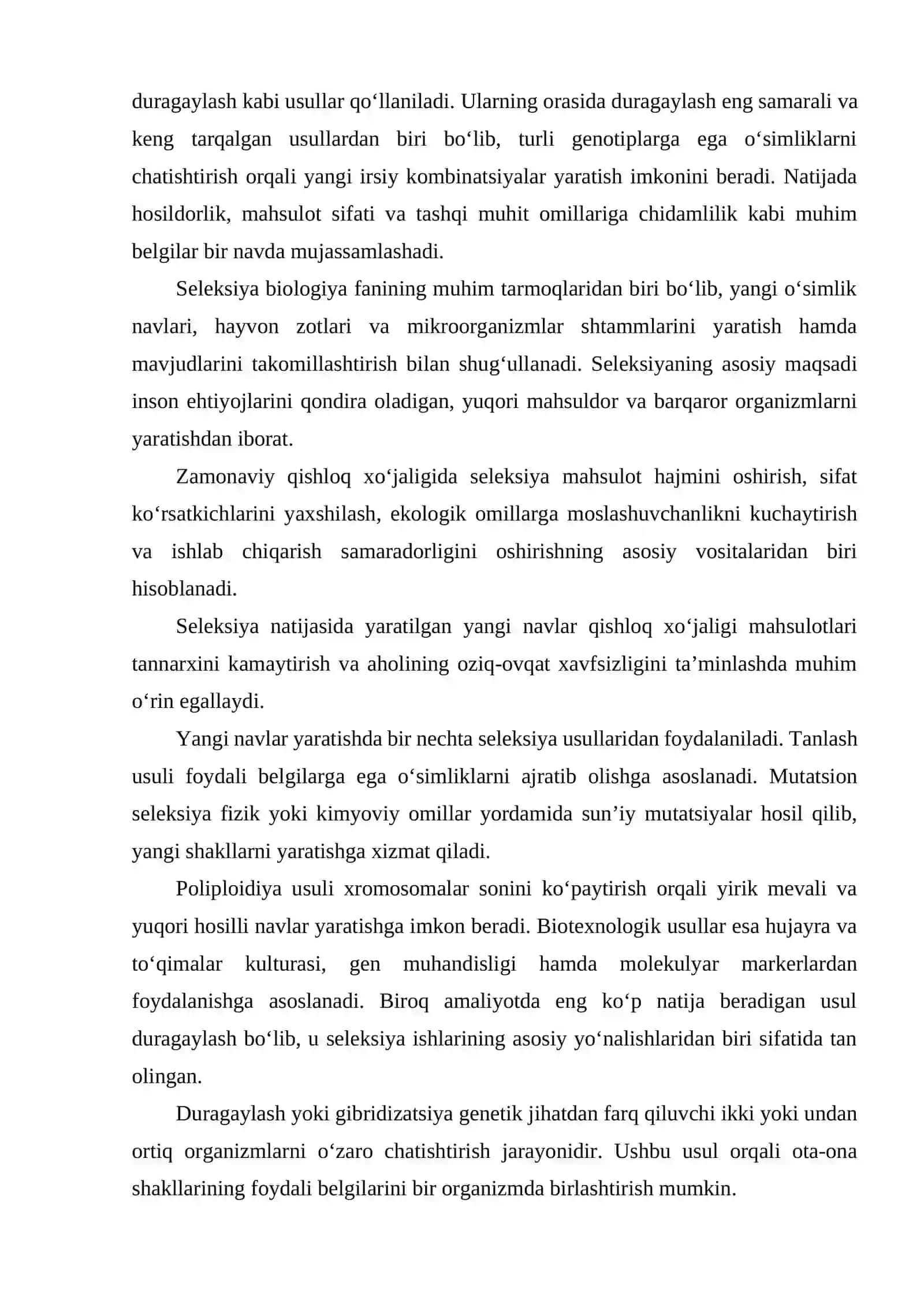 YANGI NAVLARNI YARATISHDA SELEKSIYA USULLARI. DURAGAYLASH 4