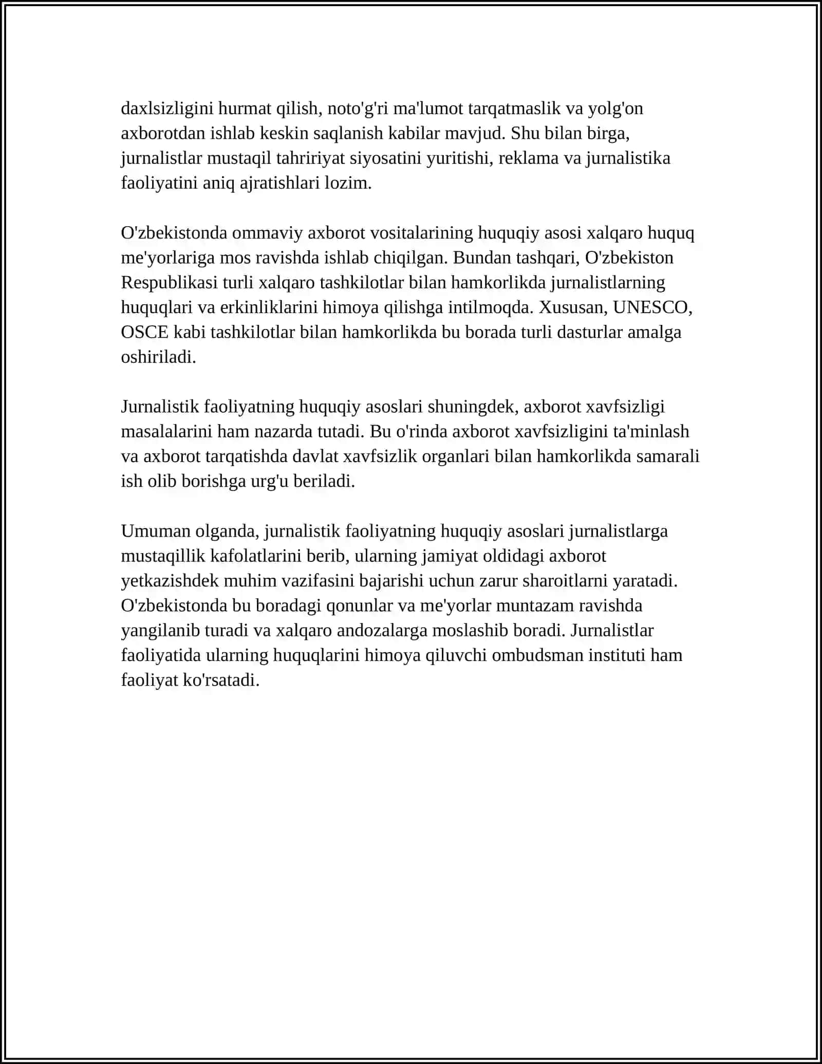 JURNALISTIK FAOLIYAT ERKINLIGI: XALQARO VA MILLIY HUQUQIY NORMALAR 4