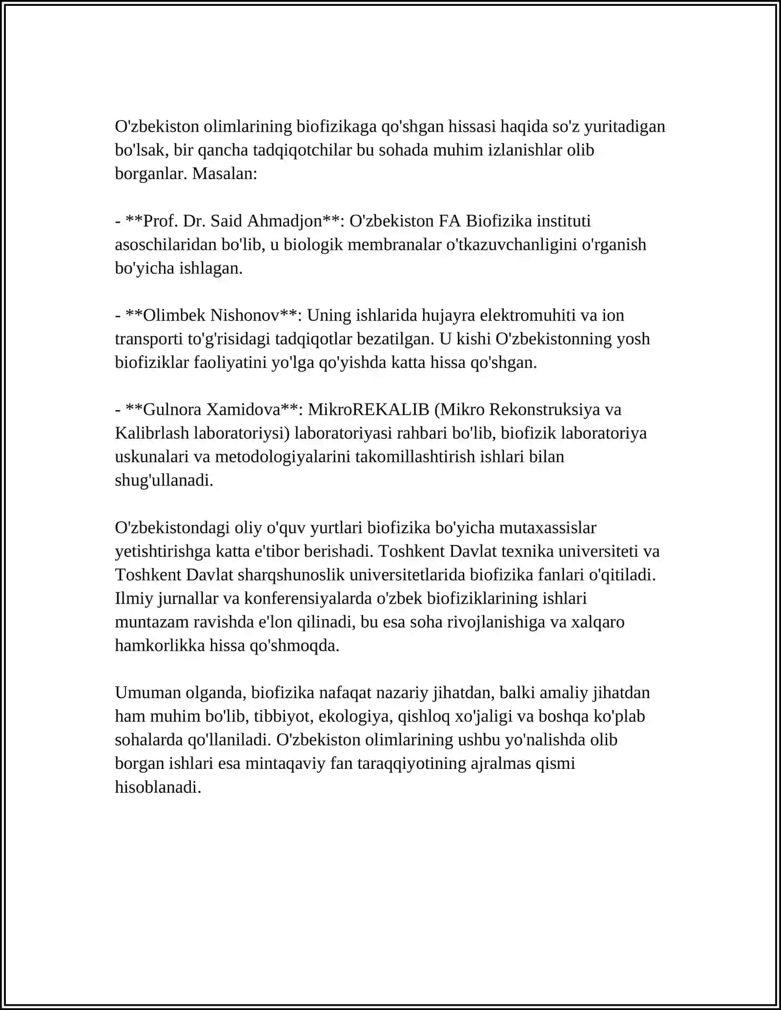 O‘ZBEKISTON OLIMLARINING BIOFIZIKA TARAQQIYOTIGA QO‘SHGAN XISSALARI 4