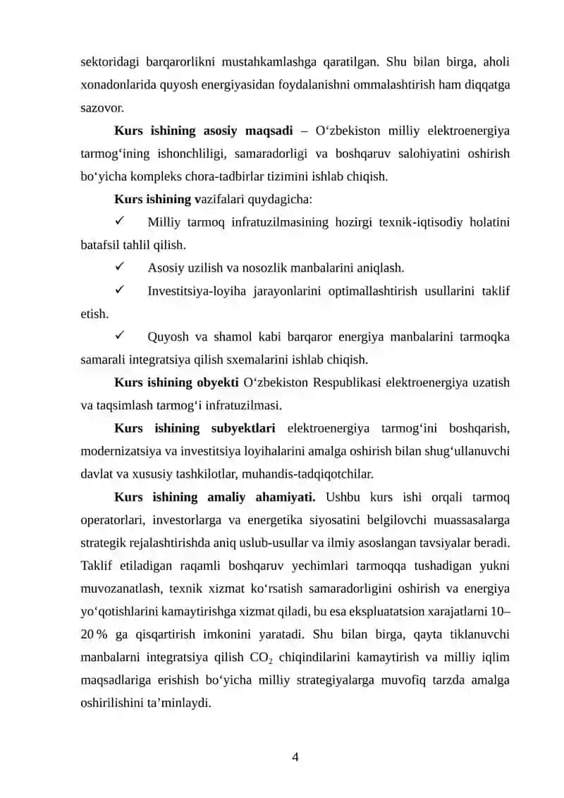 “O‘zbekistonda elektroenergiya tarmog‘ini rivojlantirish yo‘llari” mavzusida ilmiy ish 4