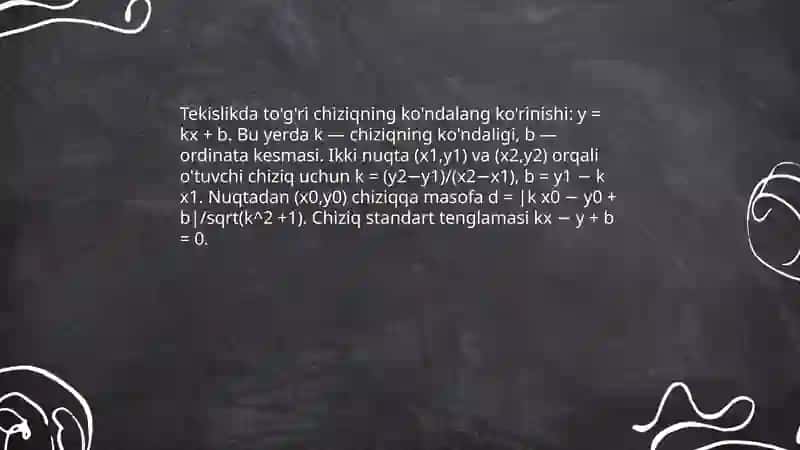 tekislikda togri chiziqning kesmalar boyicha normal tenglamalari nuqtadan togri chiziqgacha bolgan masofa ikki nuqtadan otuvchi togri chiziq tenglamasi 4